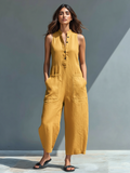 Linen Blend Sleeveless Jumpsuit with Button-Up Stand Collar 5