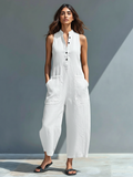 Linen Blend Sleeveless Jumpsuit with Button-Up Stand Collar 4
