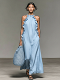 Women's Linen Blend Maxi Dress Halter Neck 6