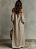 Women's Cotton Linen Off-Shoulder Maxi Dress Long Sleeve Vacation 3