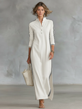 White-Trim Button-Down Collar Sweatshirt Maxi Dress 4