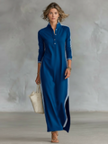 White-Trim Button-Down Collar Sweatshirt Maxi Dress 5
