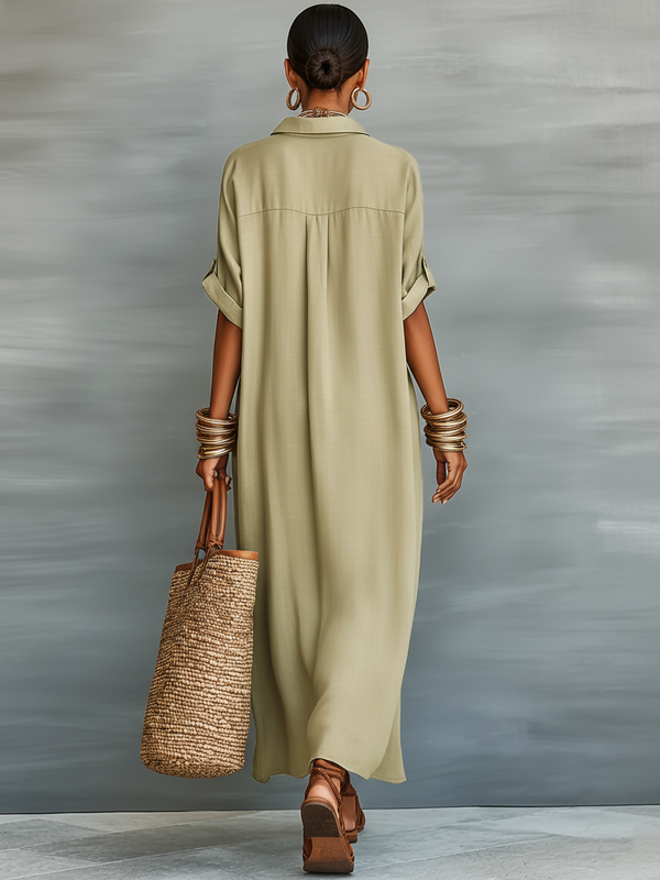 Linen Blend Short Sleeve Shirt Maxi Dress for Women