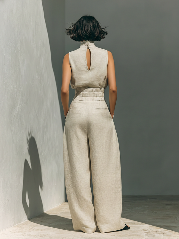 Cotton Linen Sleeveless Blouse and Wide-Leg Pants Co-ord Set