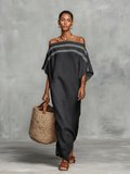 Women's Linen Blend Off-Shoulder Maxi Dress Batwing Sleeve Straight Cut 4
