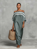 Women's Linen Blend Off-Shoulder Maxi Dress Batwing Sleeve Straight Cut 3