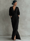 Pink Linen Blend V-Neck Minimalist Maxi Dress 5