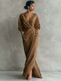 Pink Linen Blend V-Neck Minimalist Maxi Dress 4