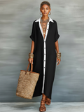 Linen Blend Short Sleeve Shirt Maxi Dress for Women 4