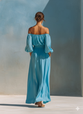 Women's Sky Blue Off-Shoulder Maxi Dress Puff Sleeve High Slit Pockets 6