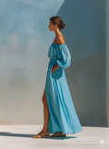 Women's Sky Blue Off-Shoulder Maxi Dress Puff Sleeve High Slit Pockets 5