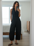 Linen Blend Sleeveless Jumpsuit with Button-Up Stand Collar 3