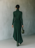 Women's Dark Green Knit Wrap Midi Dress High Neck Stretch 6