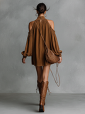 Women's Faux Suede Halter Neck Mini Dress Lantern Sleeve Loose Fit 2
