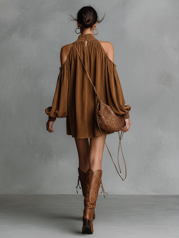 Women's Faux Suede Halter Neck Mini Dress Lantern Sleeve Loose Fit