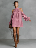 Women's Faux Suede Halter Neck Mini Dress Lantern Sleeve Loose Fit 4