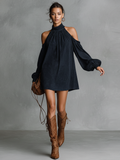 Women's Faux Suede Halter Neck Mini Dress Lantern Sleeve Loose Fit 3