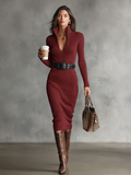 Knitted Half Turtleneck V-Neck Long Sleeve Belted Midi Dress 5