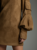 Vintage Suede Turtleneck Loose Mini Dress for Women 3