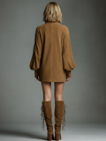 Vintage Suede Turtleneck Loose Mini Dress for Women 6