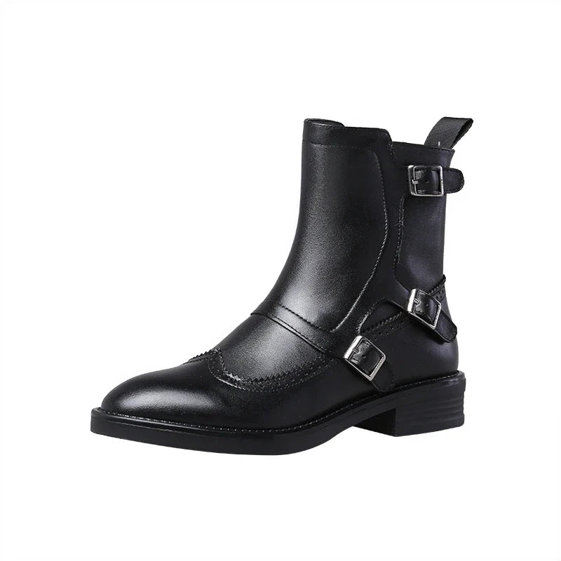 Women's Chelsea Boots, Triple Buckle Brogue Block Heel