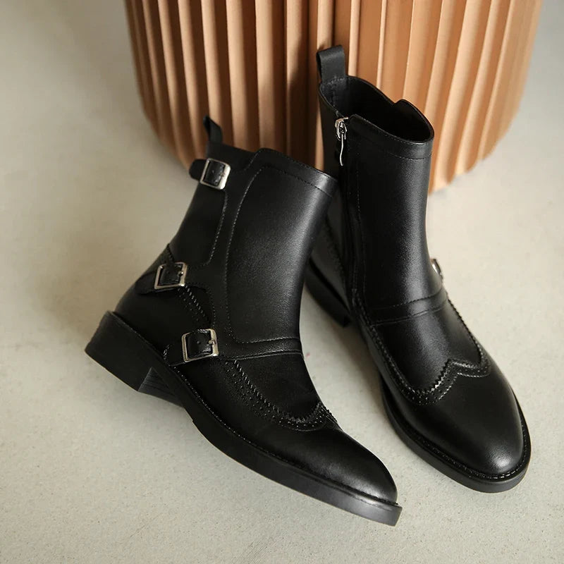 Women's Chelsea Boots, Triple Buckle Brogue Block Heel