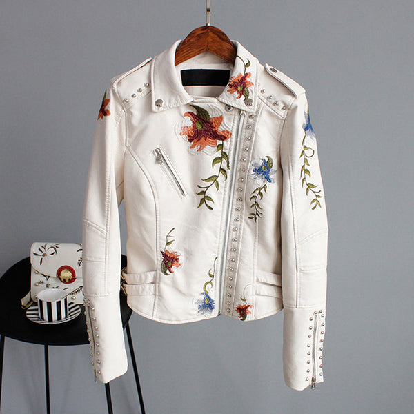 Women's Embroidered Moto Jacket with Floral Details