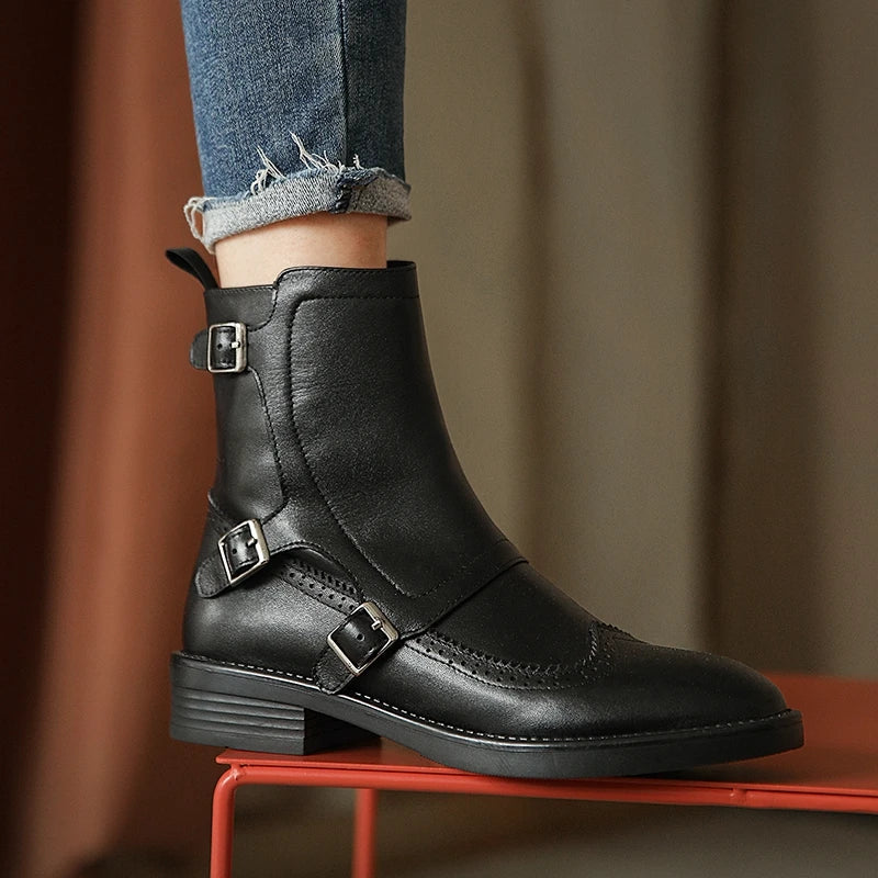 Women's Chelsea Boots, Triple Buckle Brogue Block Heel