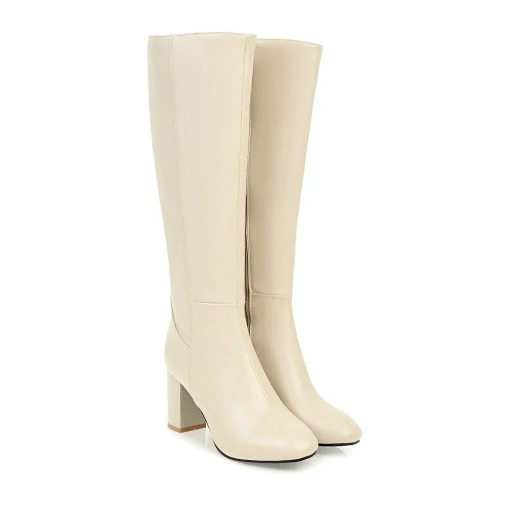 Women's Square Toe Knee High Boots, Side Zip Block Heel