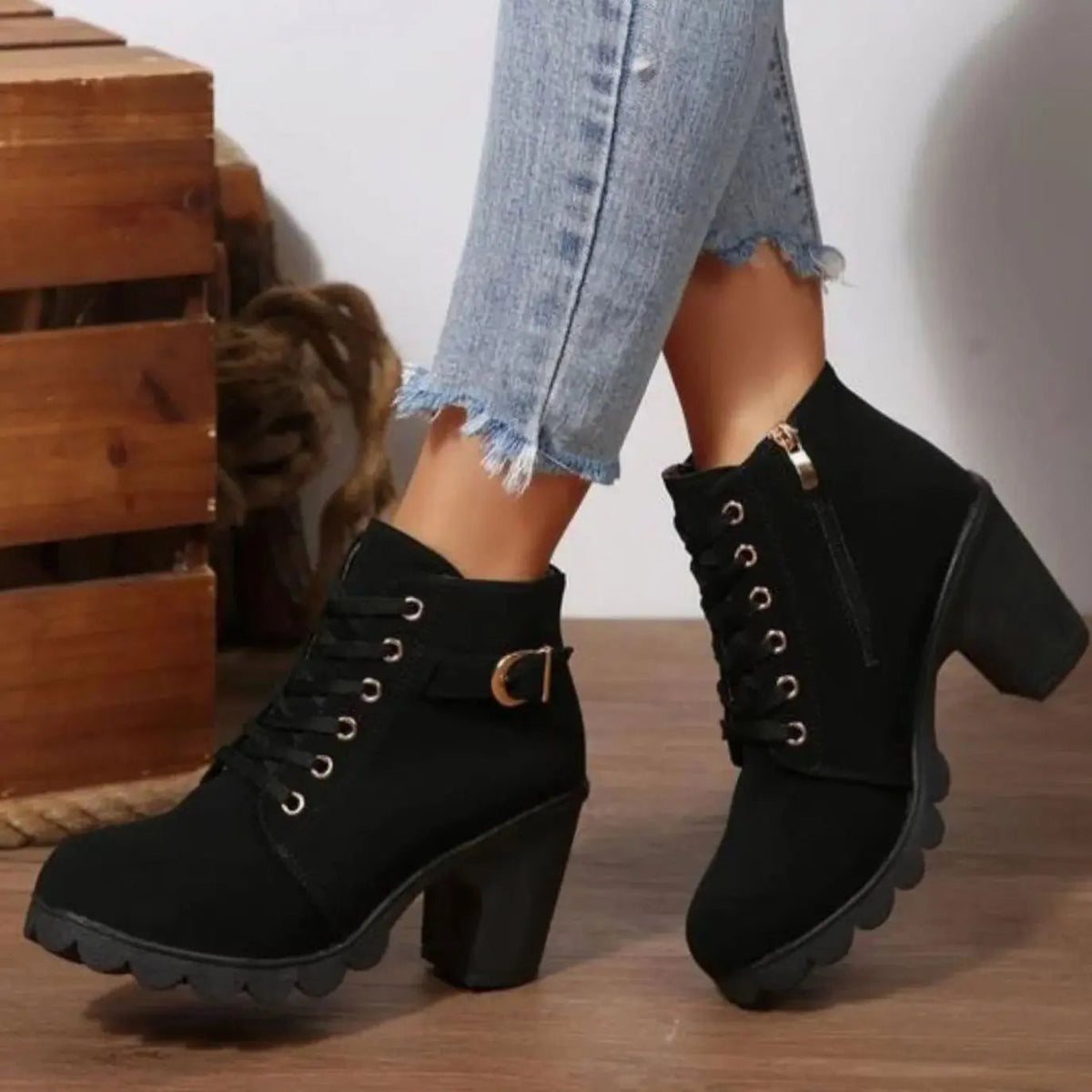 Chunky Heel Buckle Strap Ankle Boots for Women