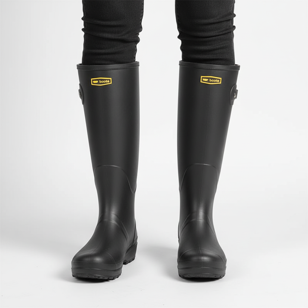 Women's Black Wellington Boots, Tall Easy-Clean PVC