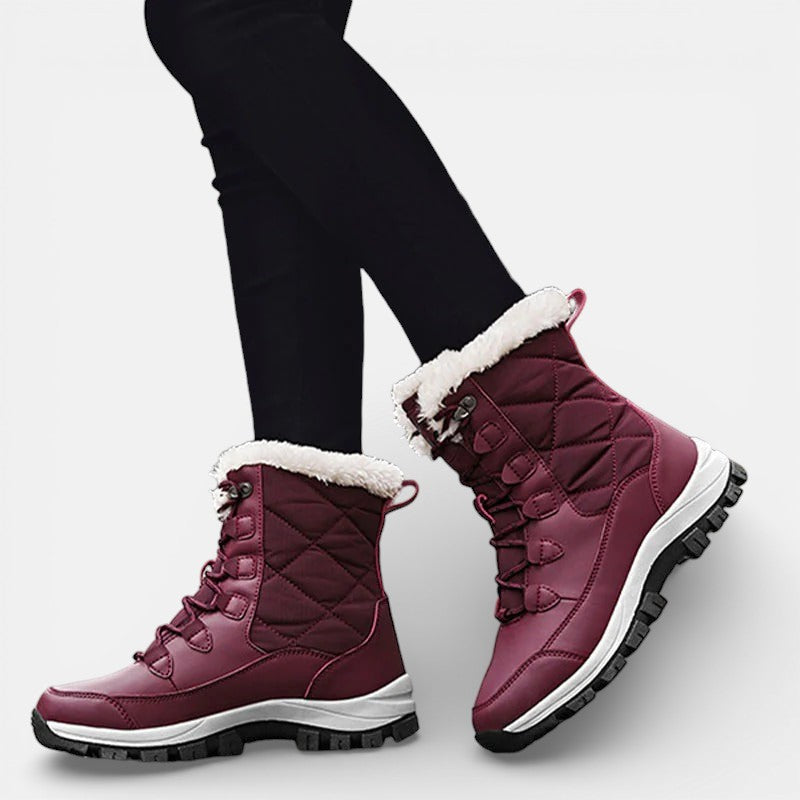 Women's Snow Boots, Lace-Up Quilted with Faux Fur Collar