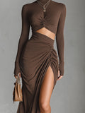 Women's Brown Knit Stretch Dress Long Sleeve Fitted 4