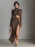 Women's Brown Knit Stretch Dress Long Sleeve Fitted 3