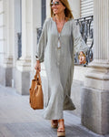 Women's Linen Dress Ankle-Length V-Neck Puff Sleeve 1