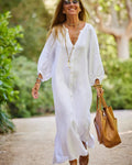 Women's Linen Dress Ankle-Length V-Neck Puff Sleeve 3