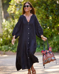 Women's Linen Dress Ankle-Length V-Neck Puff Sleeve 4