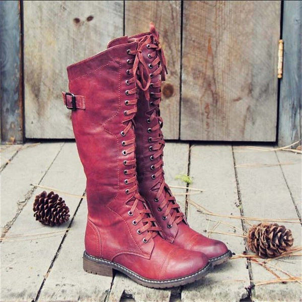 Lace-Up Side Buckle Knee-High Boots for Women