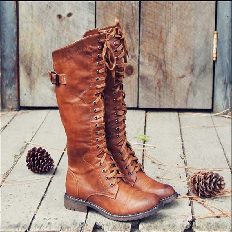 Lace-Up Side Buckle Knee-High Boots for Women