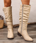 Women's Slouch Knee High Boots, Double Gold Buckle 10