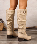 Women's Slouch Knee High Boots, Double Gold Buckle 11