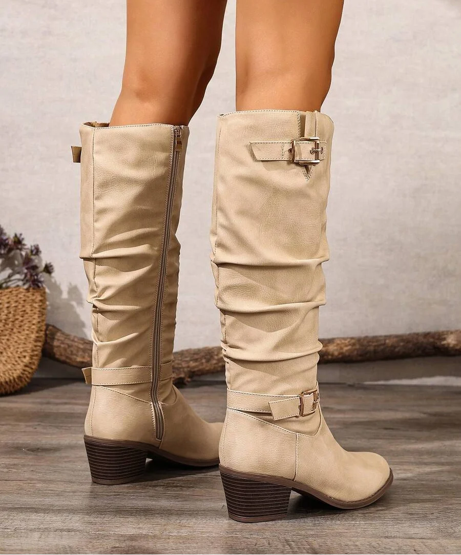 Women's Slouch Knee High Boots, Double Gold Buckle