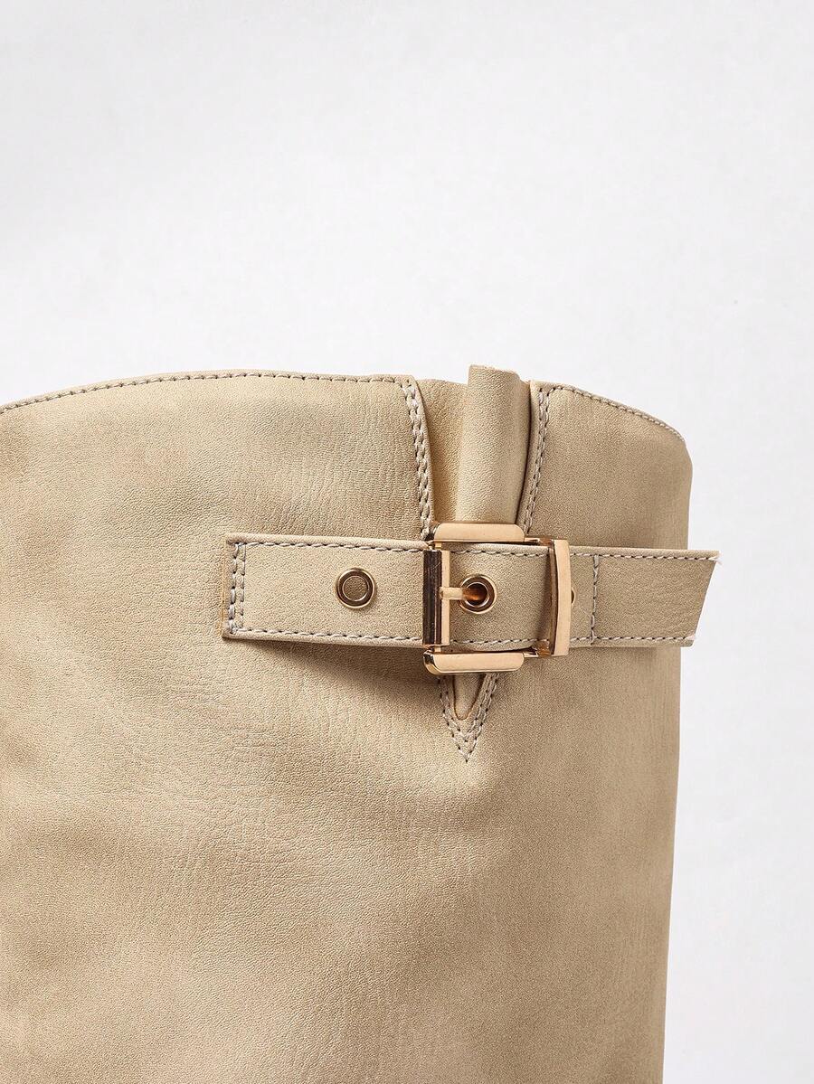 Women's Slouch Knee High Boots, Double Gold Buckle