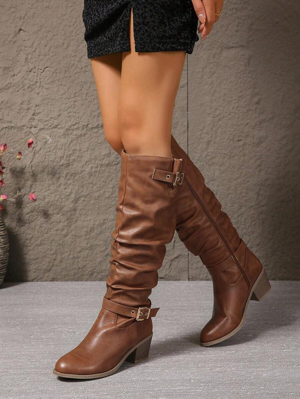 Double Buckle Slouched Knee-High Boots for Women