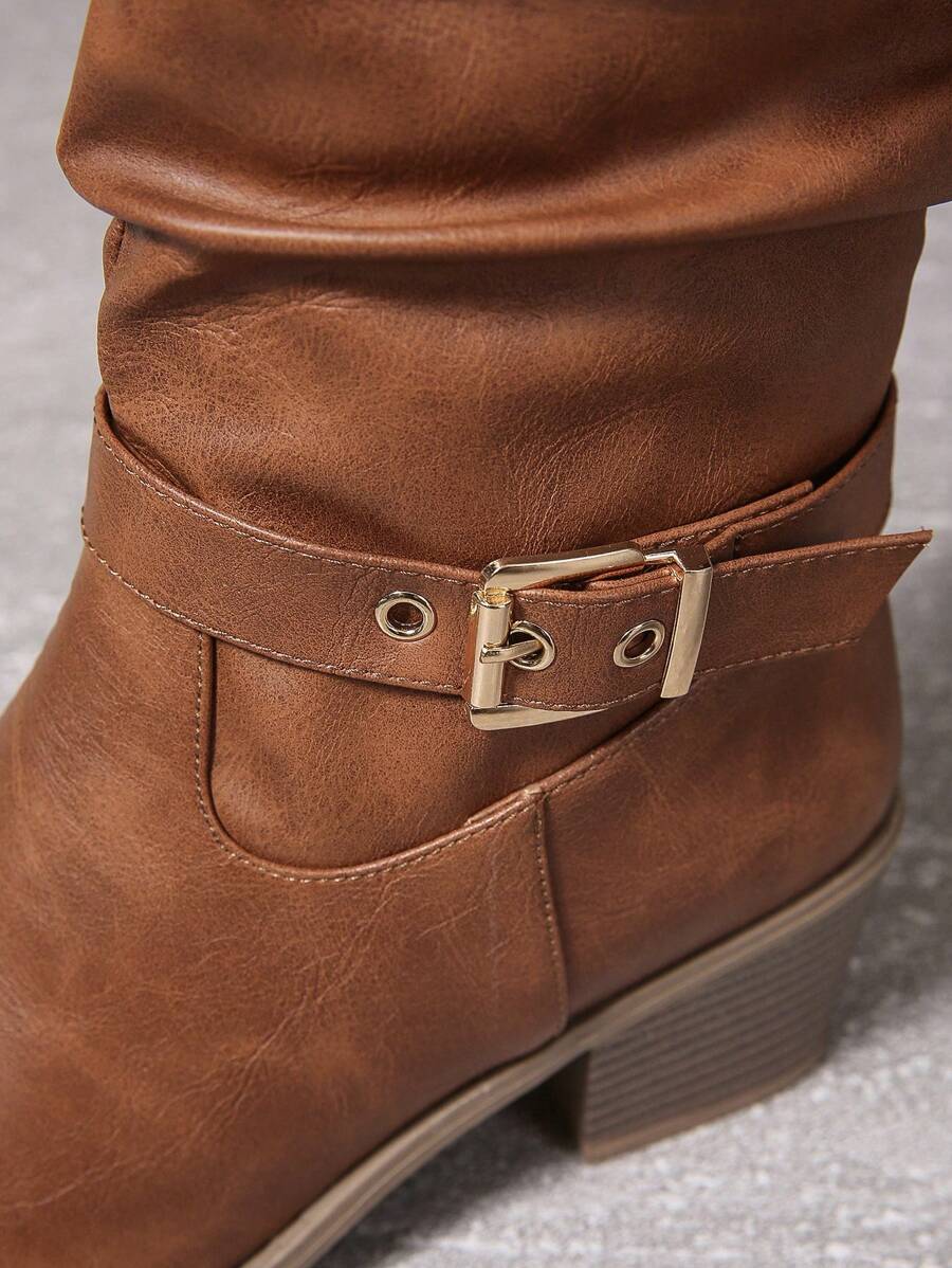Women's Slouch Knee High Boots, Double Gold Buckle