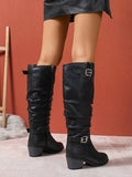 Women's Slouch Knee High Boots, Double Gold Buckle 7