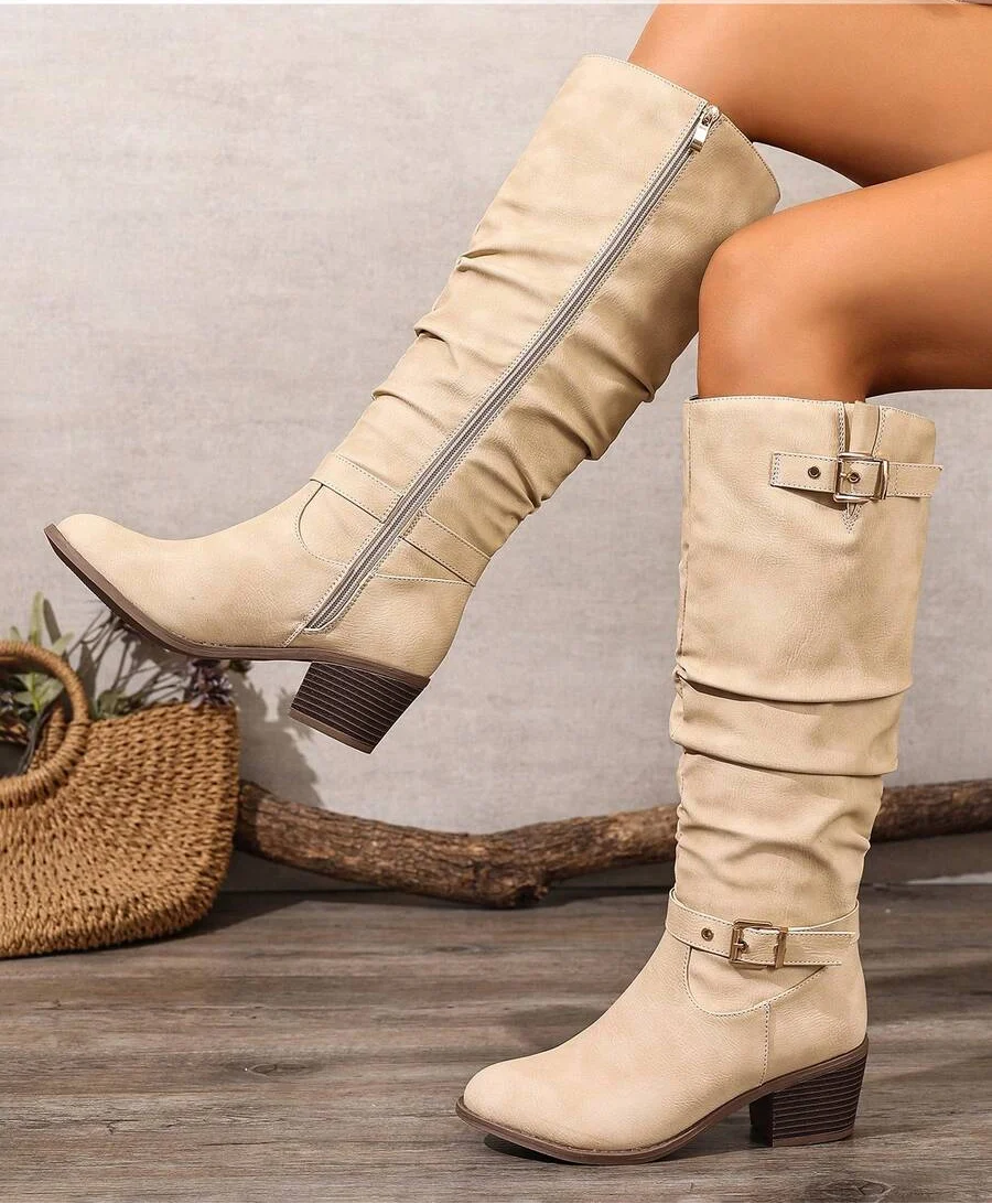 Women's Slouch Knee High Boots, Double Gold Buckle