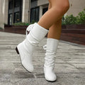 Women's Ruched Mid-Calf Boots, Bow Back Low Heel 10