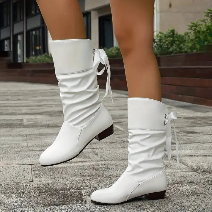 Women's Ruched Mid-Calf Boots, Bow Back Low Heel