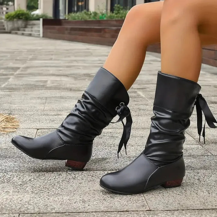 Women's Ruched Mid-Calf Boots, Bow Back Low Heel